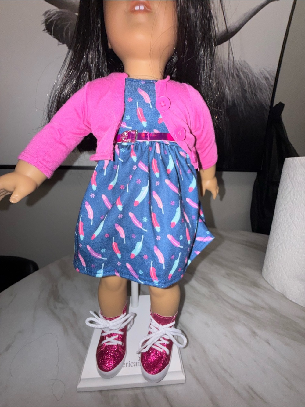 18” dolls navy blue dress pink belt & cardigan sparkle high top tennis shoes